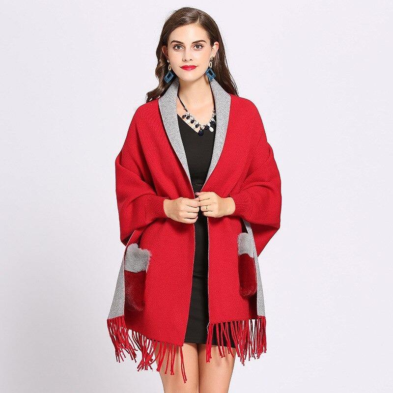 Cashmere Poncho Scarf With Fur Pockets